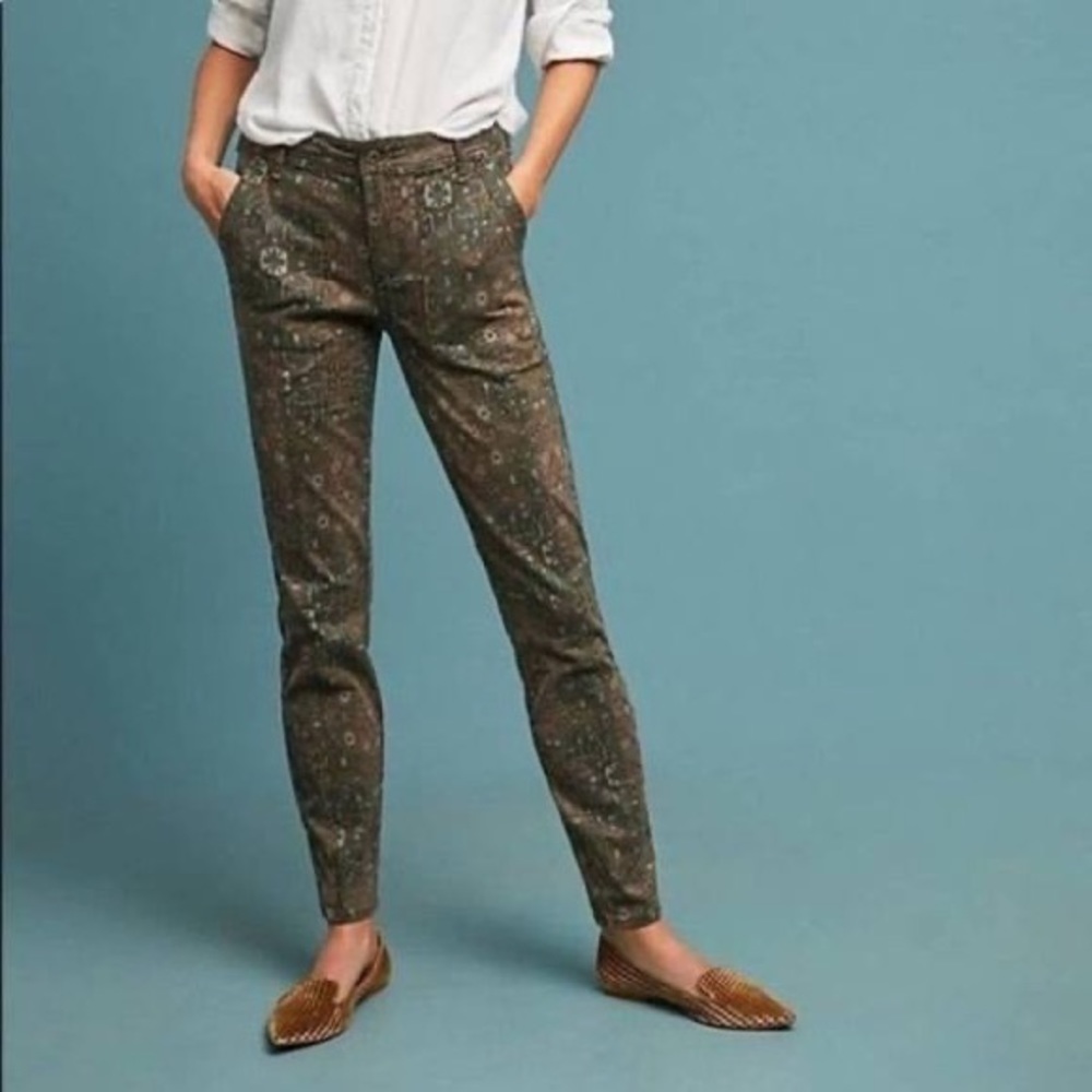 Anthropologie Cadet Slim Utility Pants Green Olive Multicolor Aztec print - Picture 4 of 16
